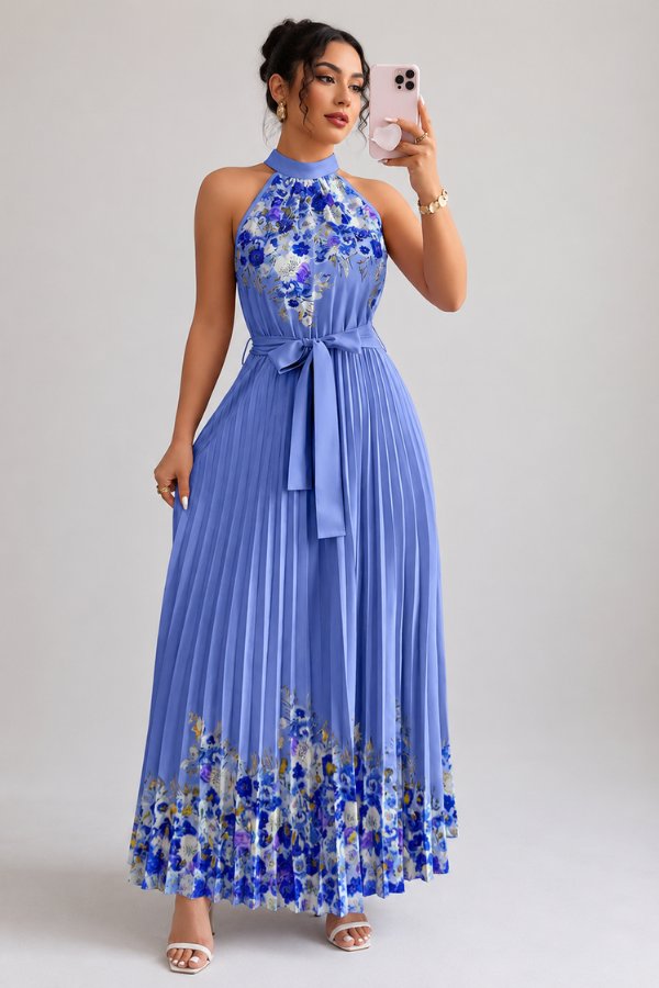 Ashlyn | Floral Pleated Halter Midi Dress