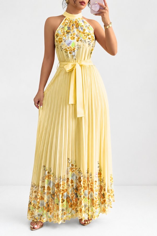 Ashlyn | Floral Pleated Halter Midi Dress