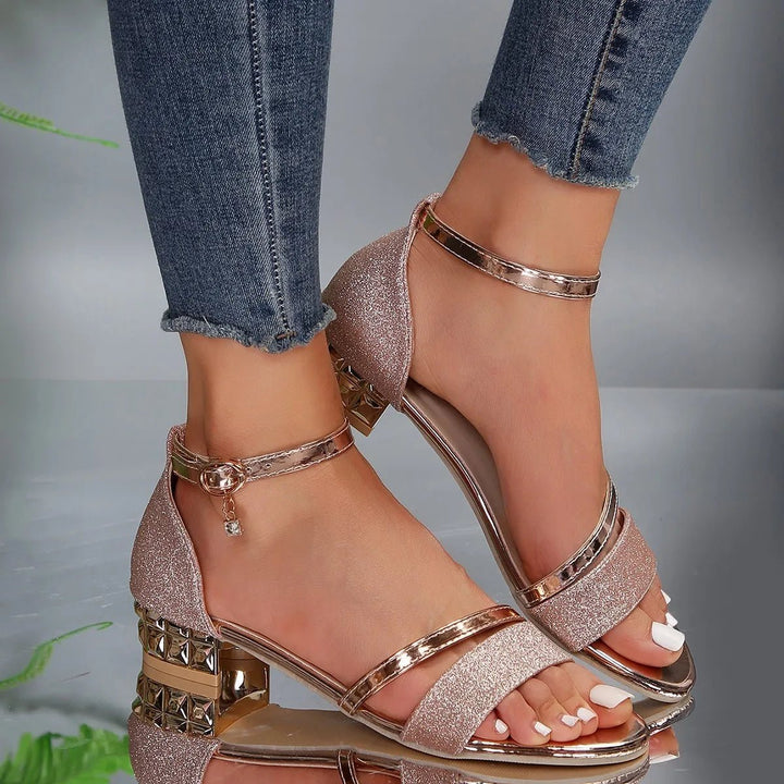 Lena | Glitter Block Heel Ankle Strap Sandals