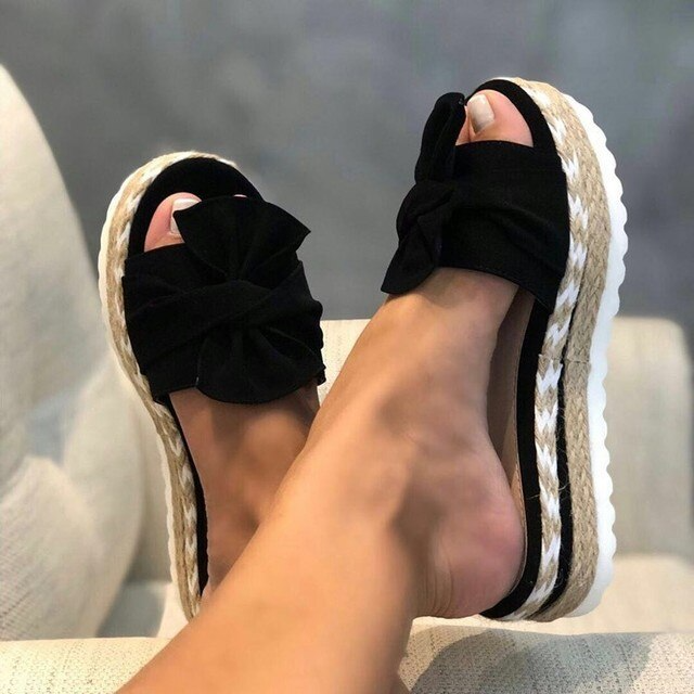 Celine | Elegant Bow Woven Wedge Sandals