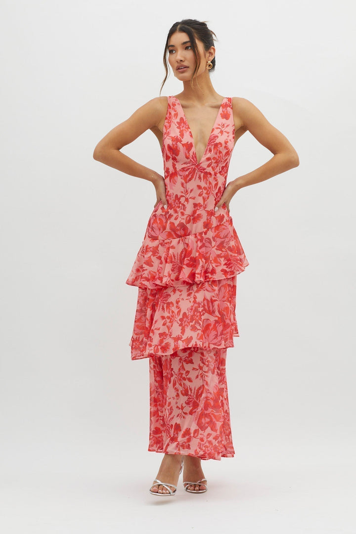 Ashlyn | Elegant Floral Flounce Maxi Dress