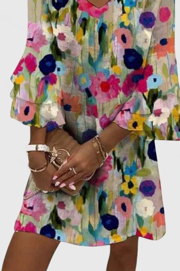 Fioralyn | Women's Floral Print V-Neck Ruffle Sleeve Mini Dress
