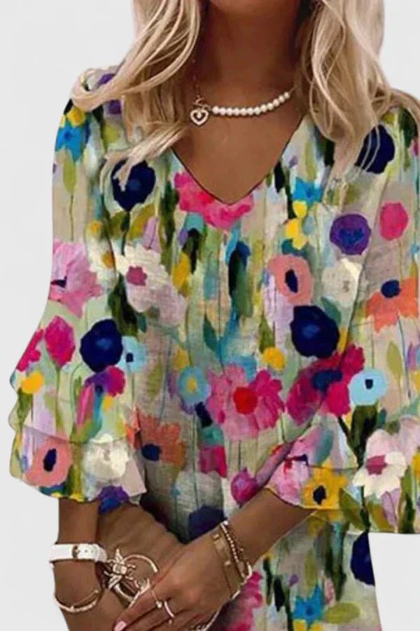 Fioralyn | Women's Floral Print V-Neck Ruffle Sleeve Mini Dress