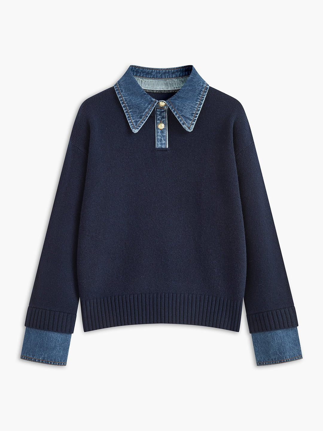 Analia | Denim-Collar Layered Knit Polo Sweater
