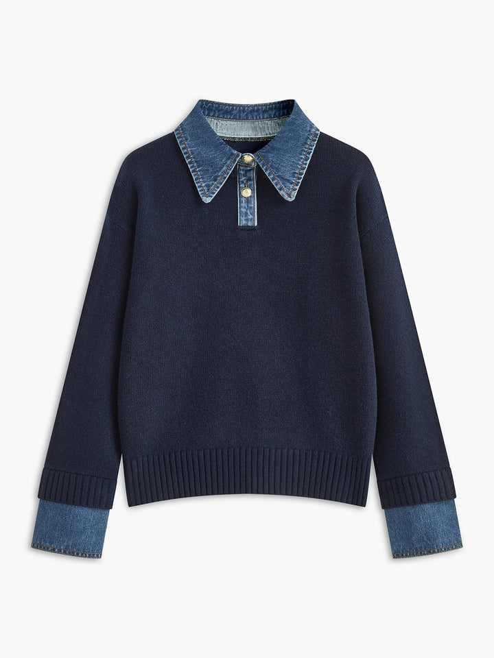 Analia | Denim-Collar Layered Knit Polo Sweater