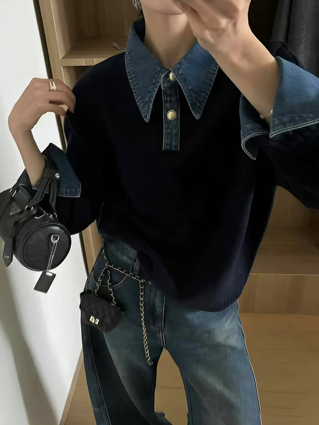 Analia | Denim-Collar Layered Knit Polo Sweater