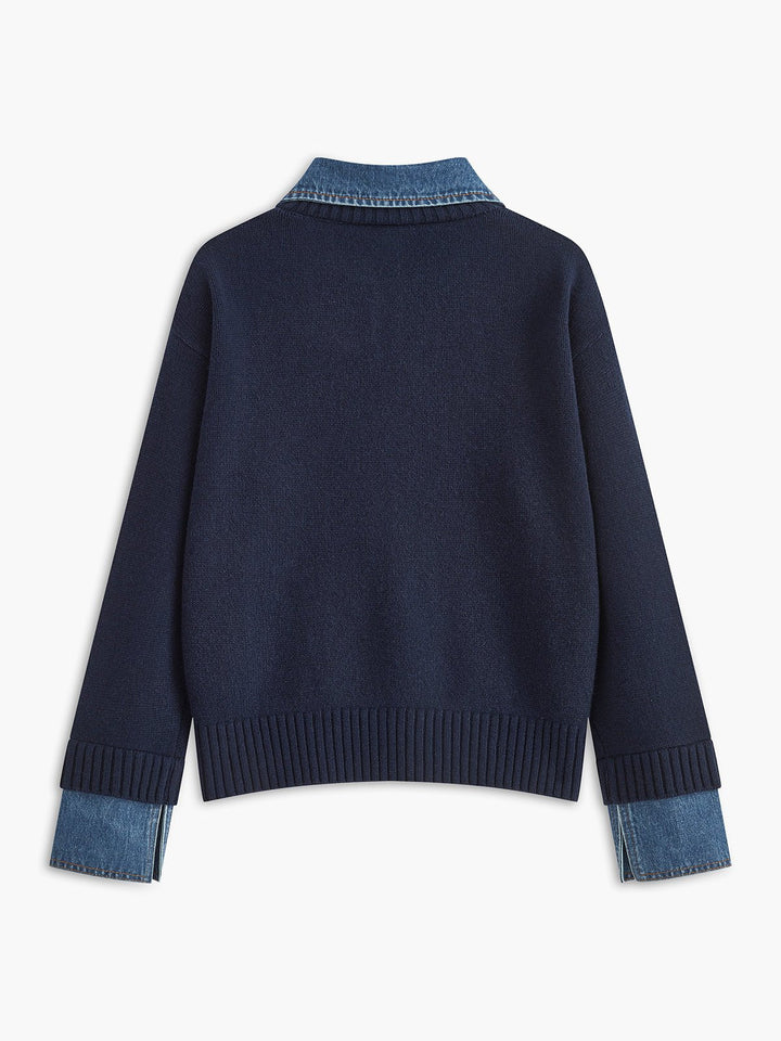 Analia | Denim-Collar Layered Knit Polo Sweater