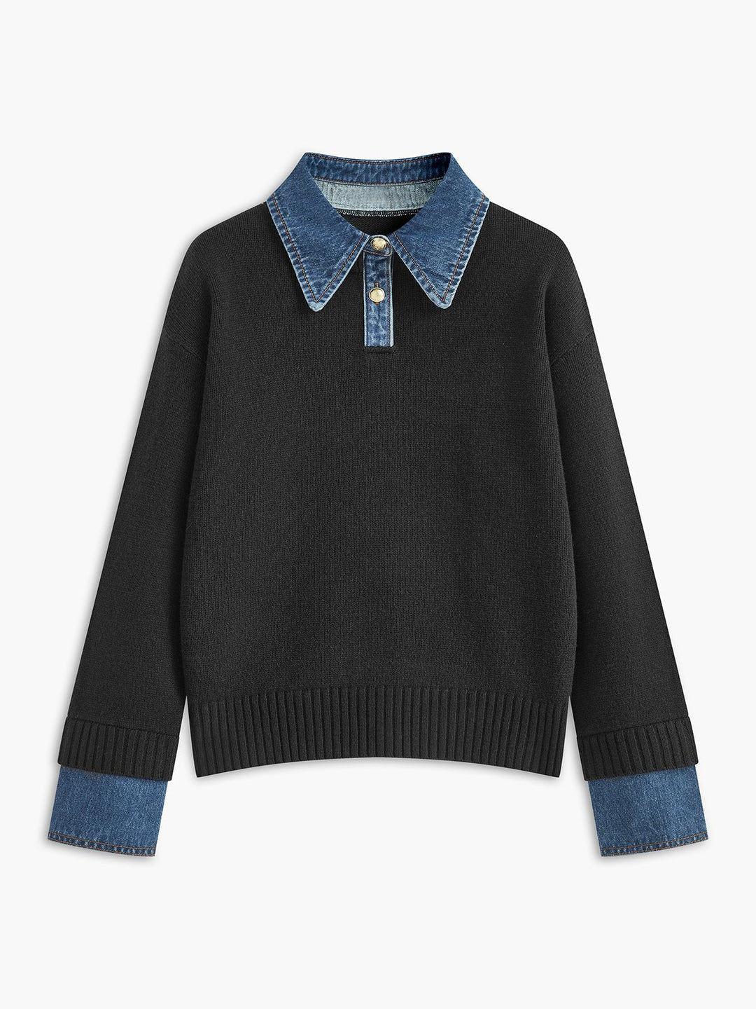 Analia | Denim-Collar Layered Knit Polo Sweater