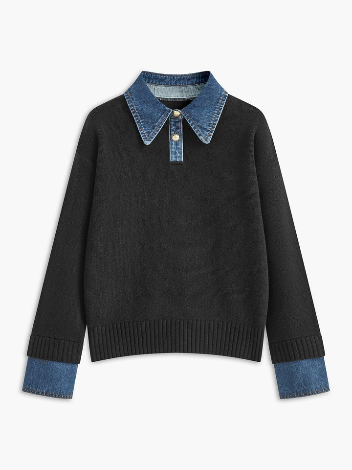 Analia | Denim-Collar Layered Knit Polo Sweater
