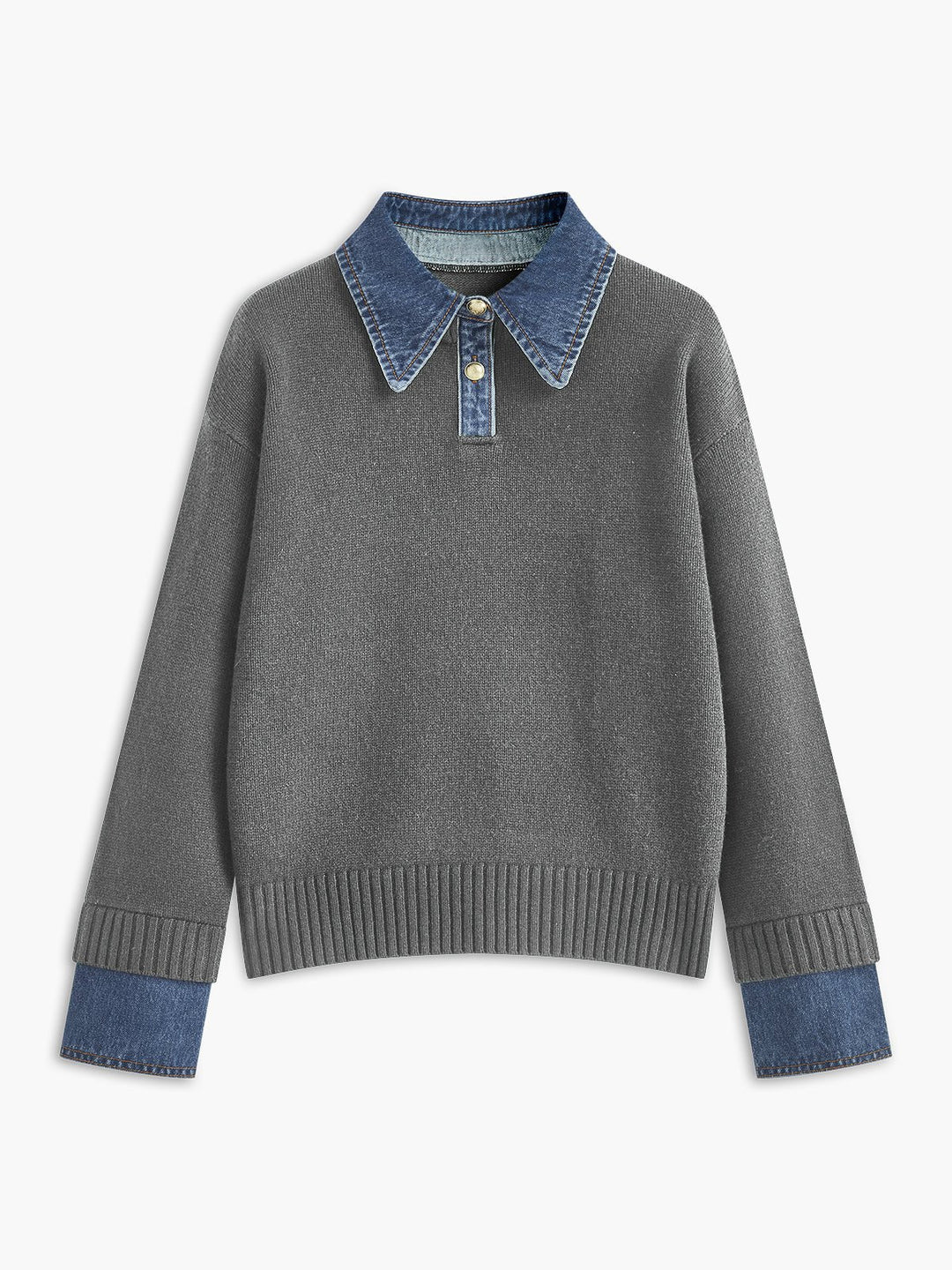 Analia | Denim-Collar Layered Knit Polo Sweater