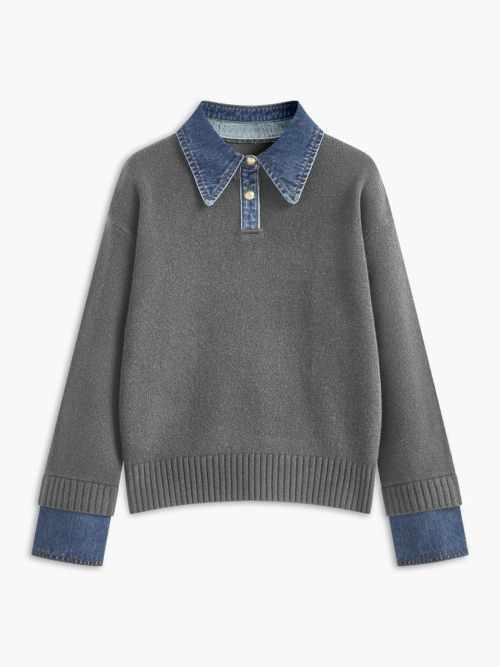 Analia | Denim-Collar Layered Knit Polo Sweater
