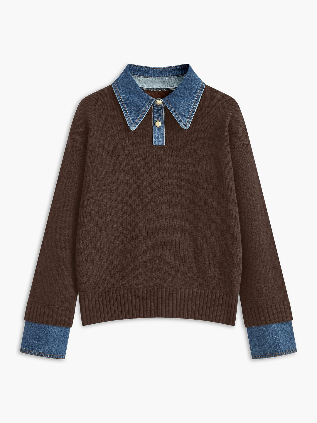 Analia | Denim-Collar Layered Knit Polo Sweater