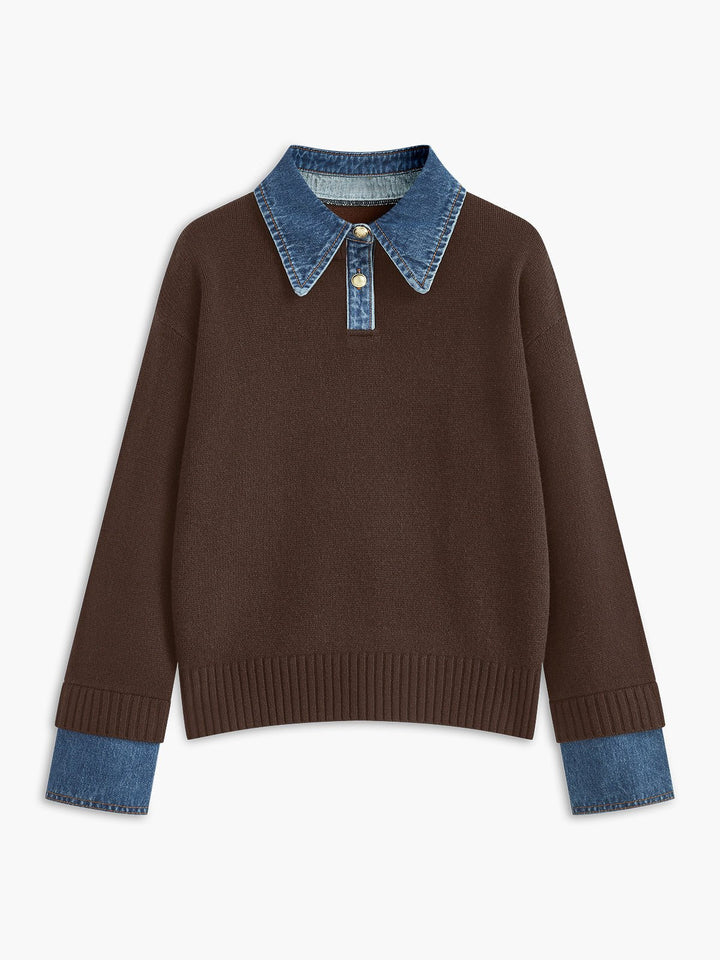 Analia | Denim-Collar Layered Knit Polo Sweater