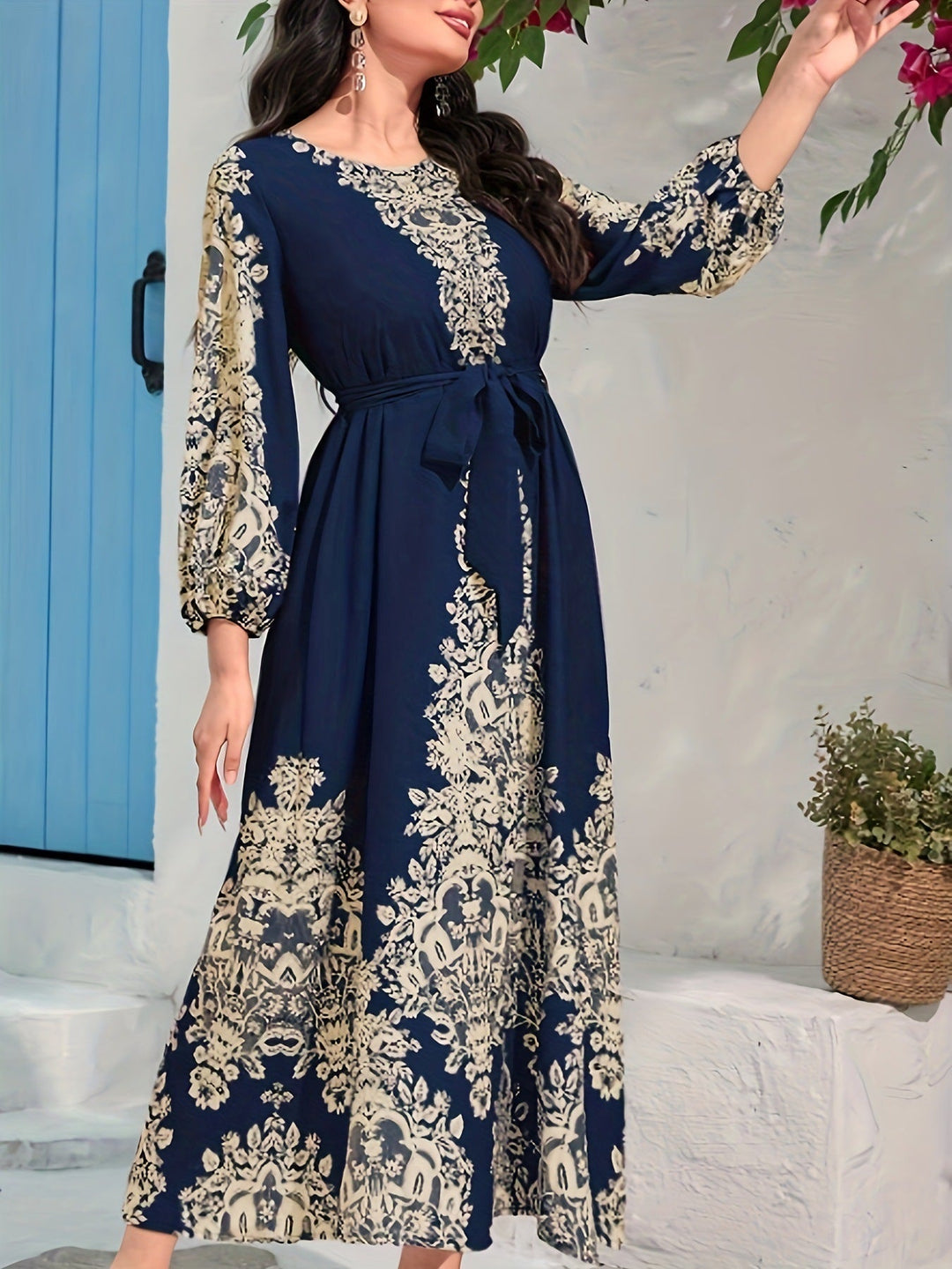 TOVE – WOMEN'S NAVY BLUE PRINTED V-NECK LONG SWING DRESS