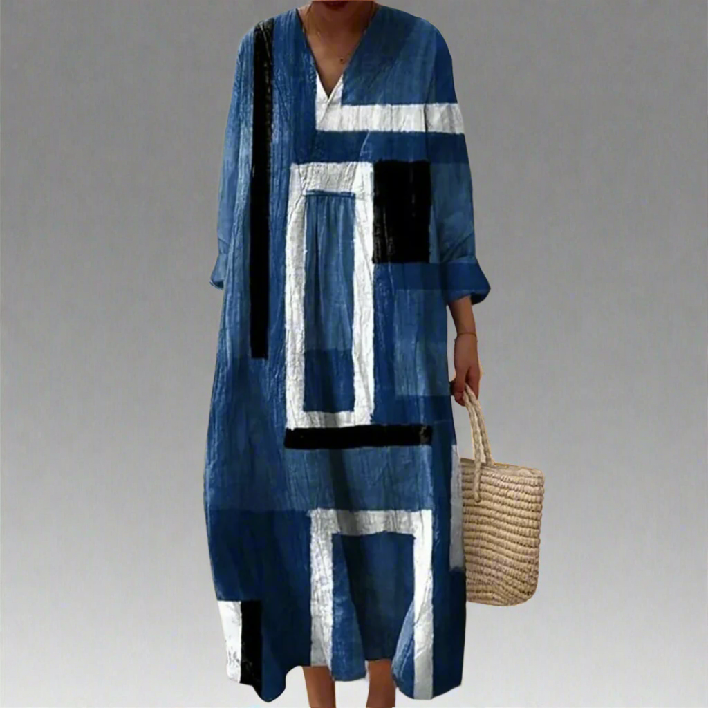 Evelyn - Abstract Navy Loose-Fit Maxi Dress