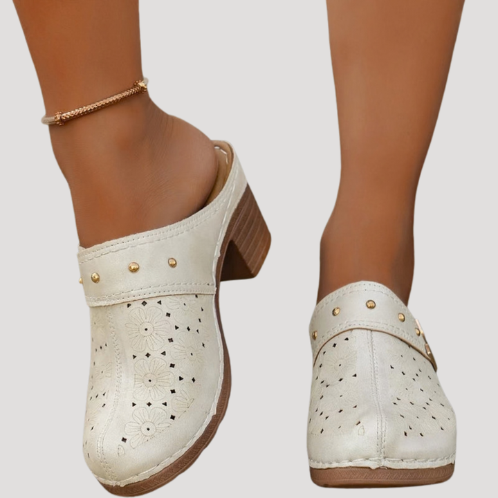 Camille | Embossed Buckle Accent Block Heel Slip-On Clog Mules