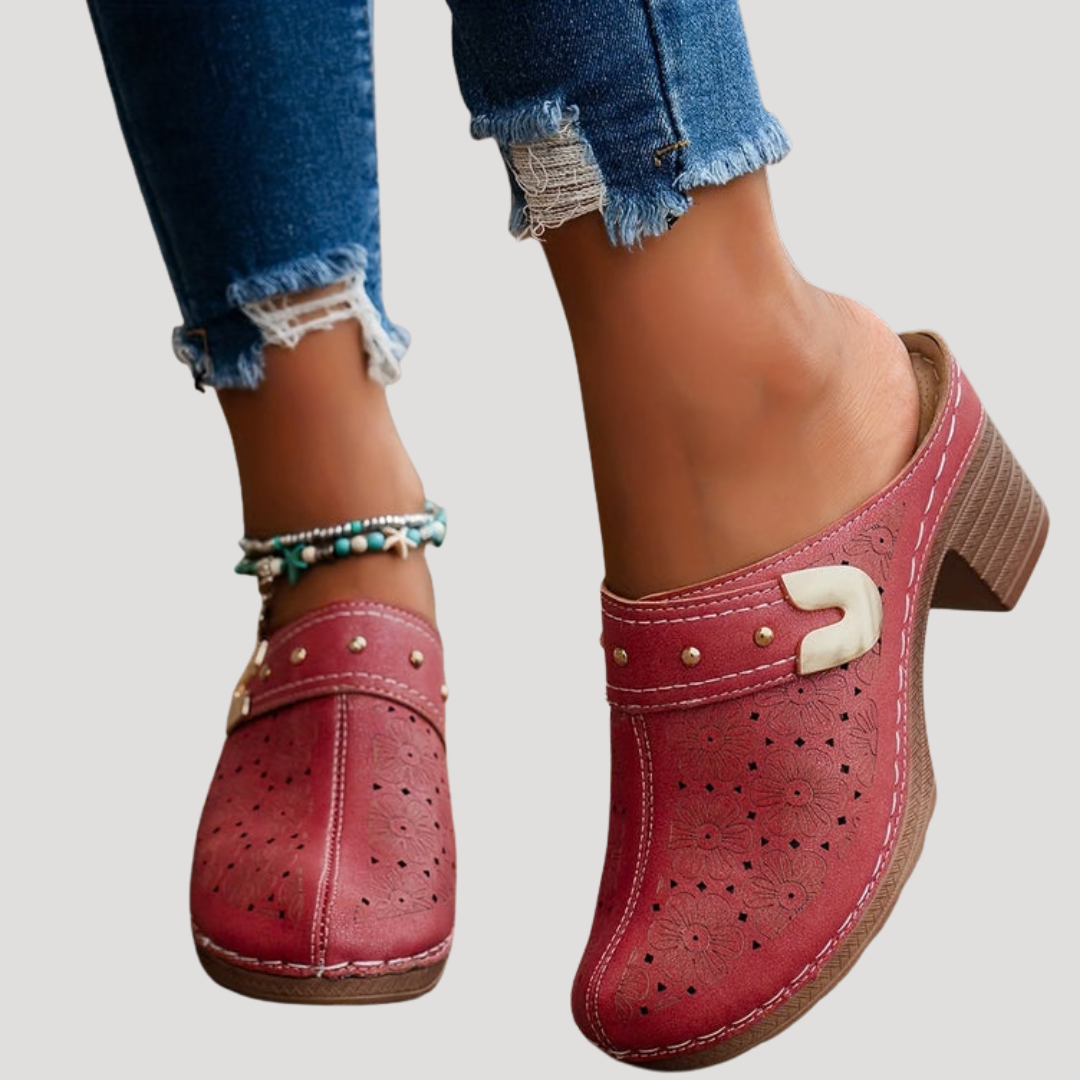 Camille | Embossed Buckle Accent Block Heel Slip-On Clog Mules