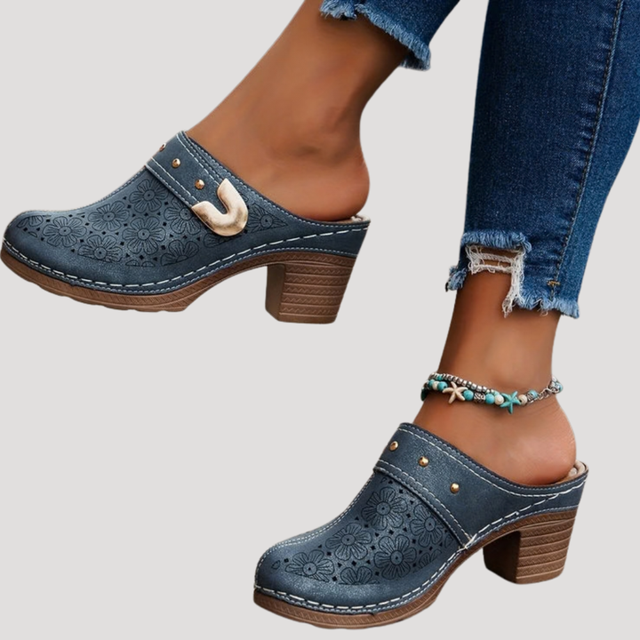 Camille | Embossed Buckle Accent Block Heel Slip-On Clog Mules