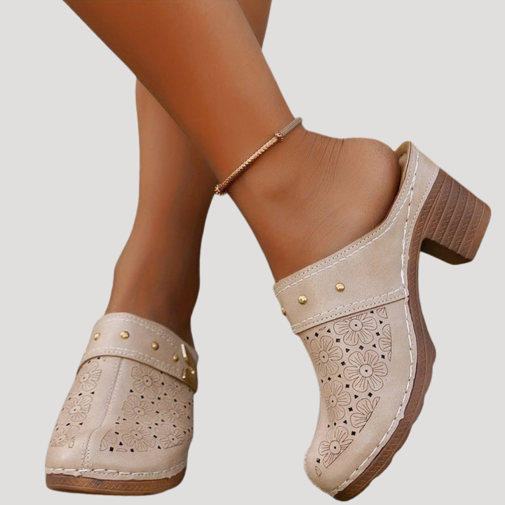 Camille | Embossed Buckle Accent Block Heel Slip-On Clog Mules