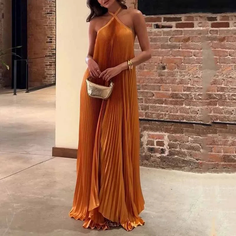 Mira™ | Chic Pleated Halter Neck Maxi Dress