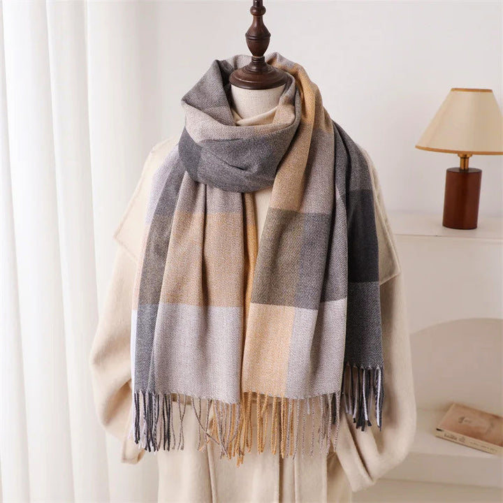 Sofia Amoretti Fringe Scarf with Color-Block Pattern