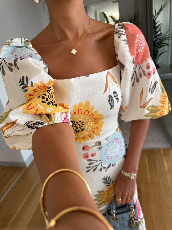 FABLE – ROMANTIC FLORAL MIDI WITH PUFF SLEEVES
