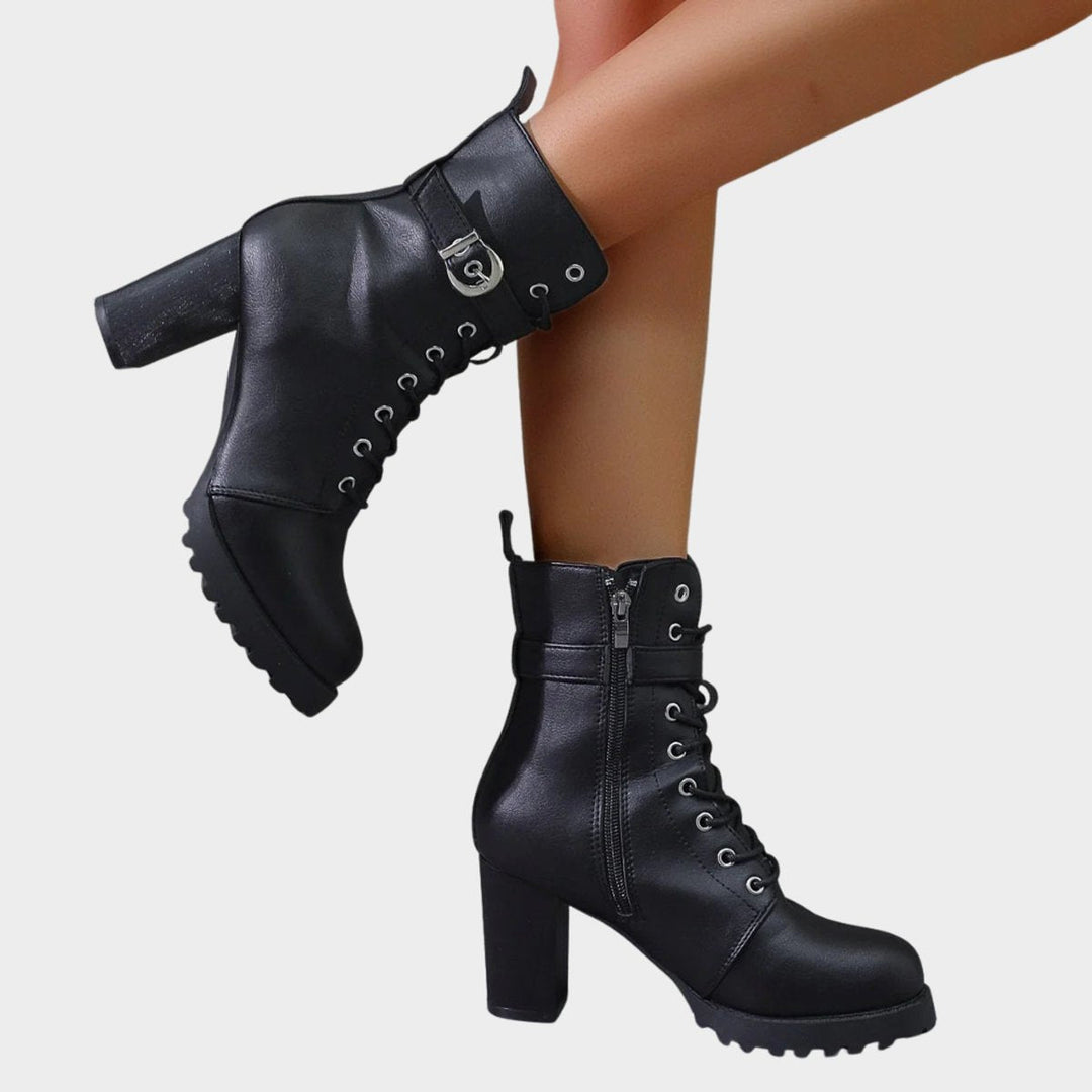 Rowena | Lace-Up Buckle Block Heel Combat Ankle Boots