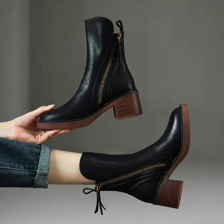 Cecilia | Women's Block Heel Side-Zip Leather Ankle Boots