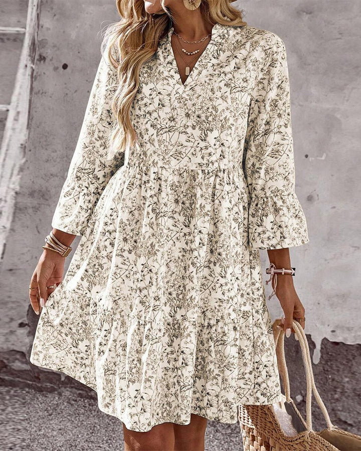 Dress with Stand Collar Floral Print A-Line