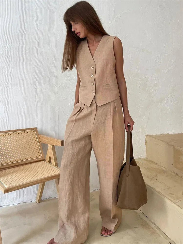 Alayna | Linen Vest & Pleated Wide-Leg Pants Two-Piece Set
