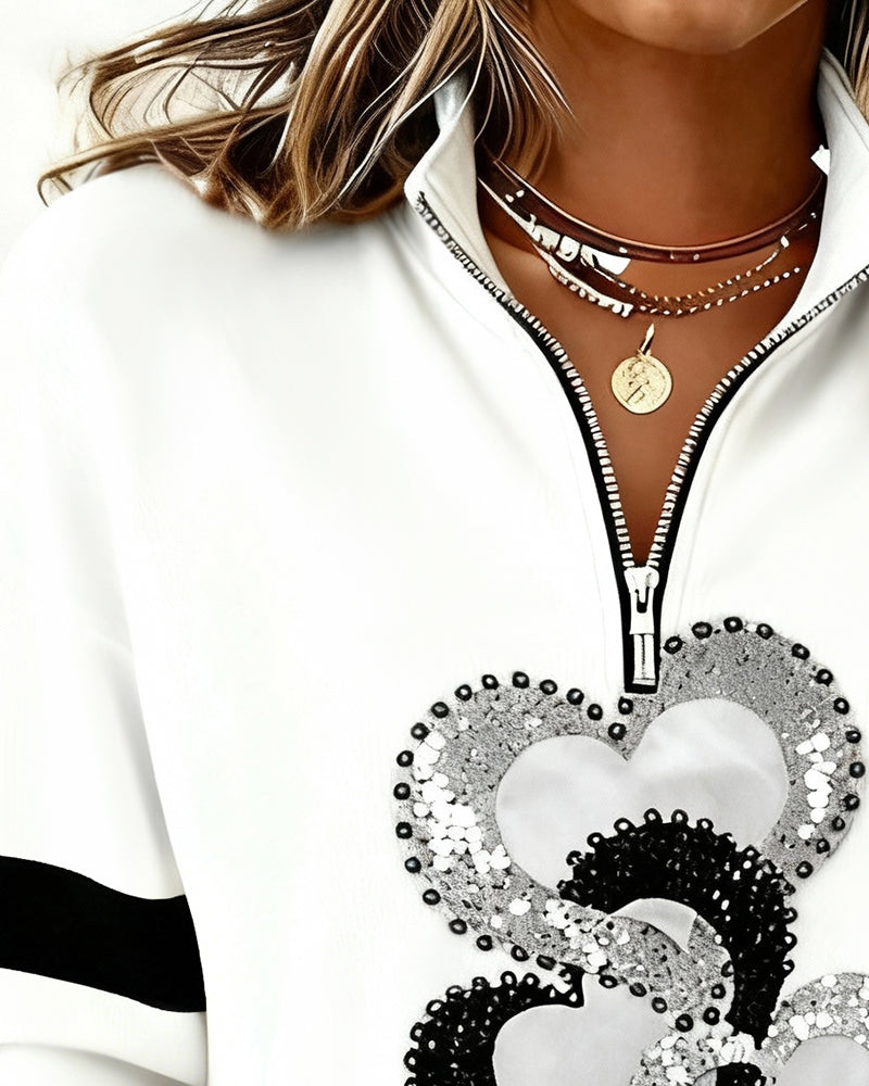 Sweatshirt Half Zip Collar Heart Pattern