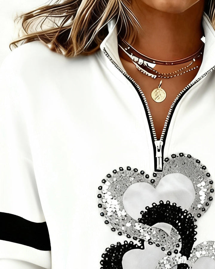 Sweatshirt Half Zip Collar Heart Pattern