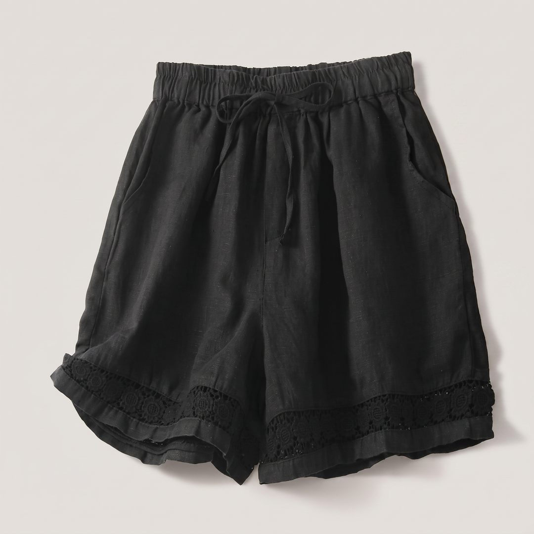 Riva | Relaxed Fit with Embroidered Lace Trim Linen Shorts