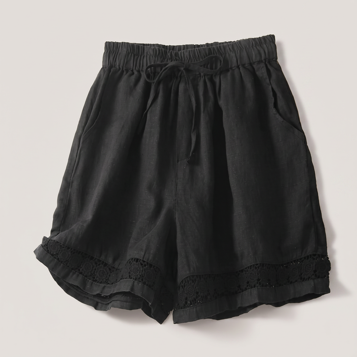 Riva | Relaxed Fit with Embroidered Lace Trim Linen Shorts