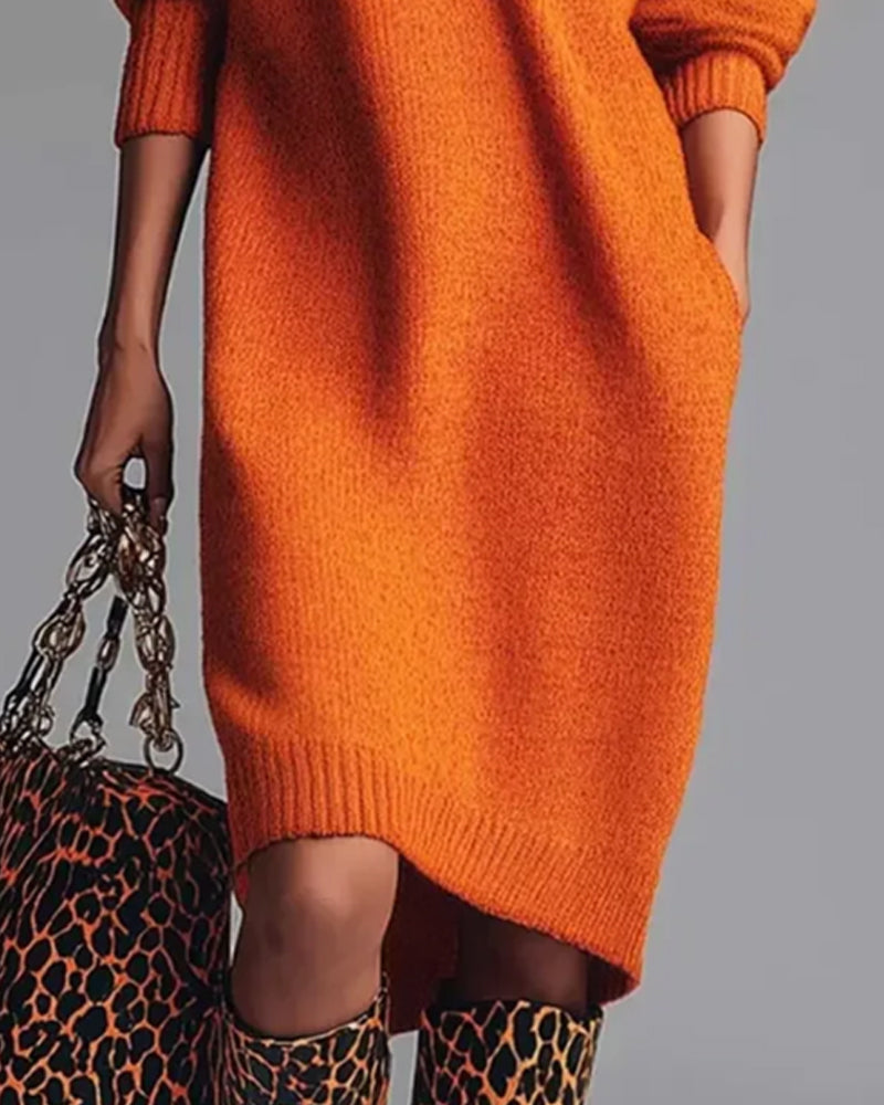 Solid Color Dress with Buttons and High Neck