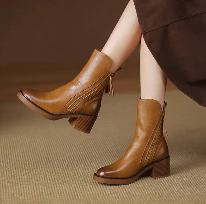 Samira | Smooth Leather Side-Zip Block-Heel Ankle Boots