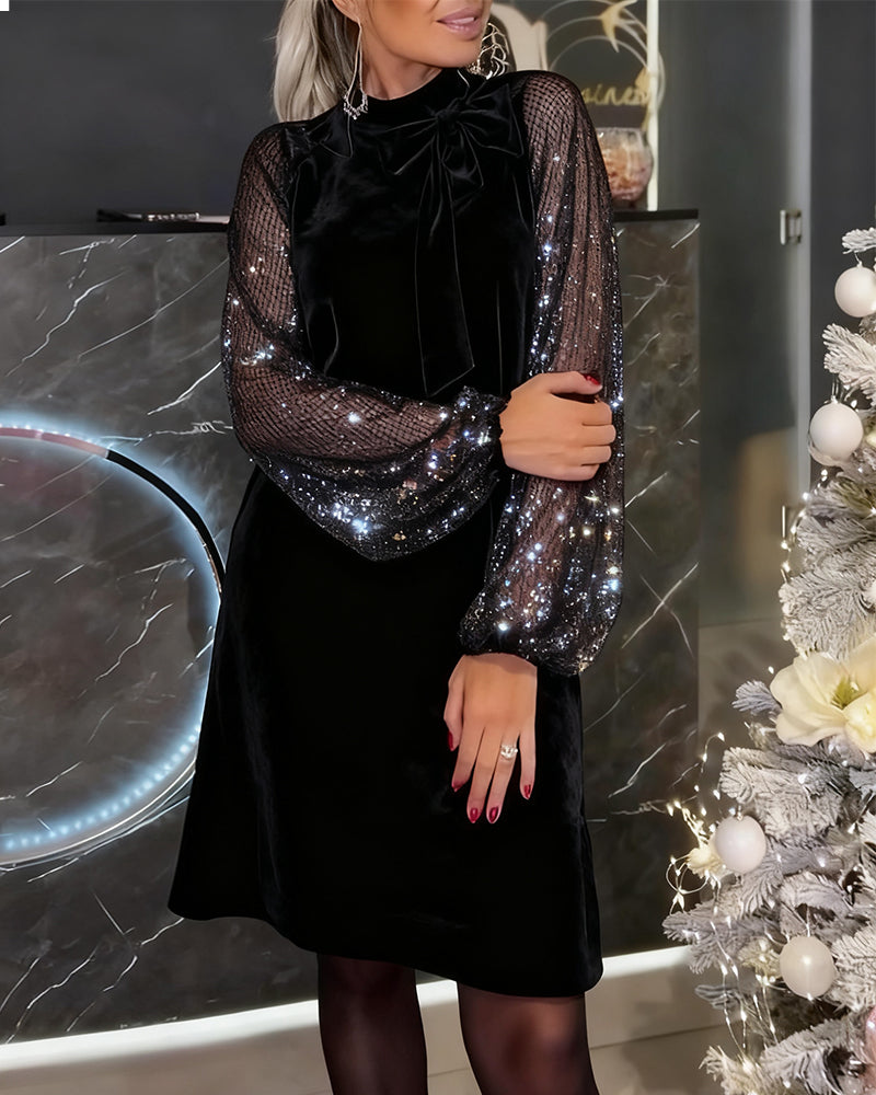 Elegant Dress with Lantern Sleeves and Patchwork