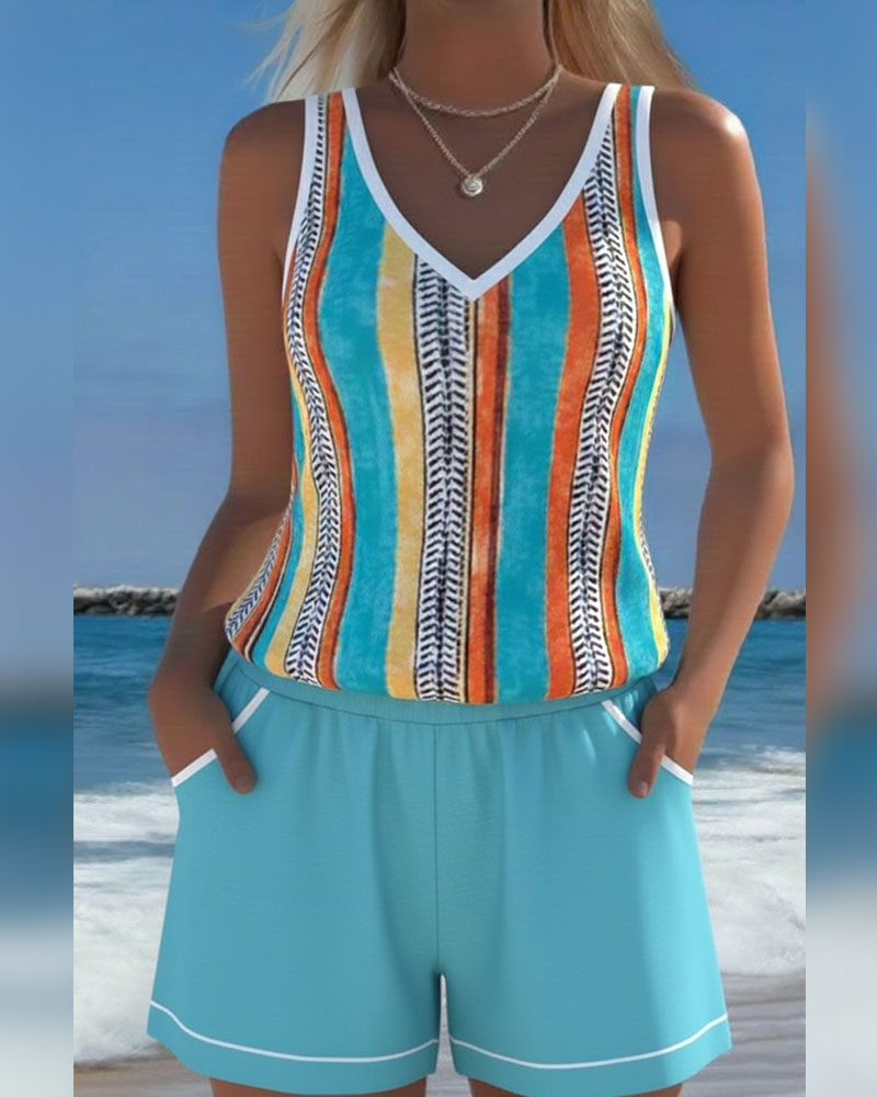 Printed V-Neck Tankini Swimsuit