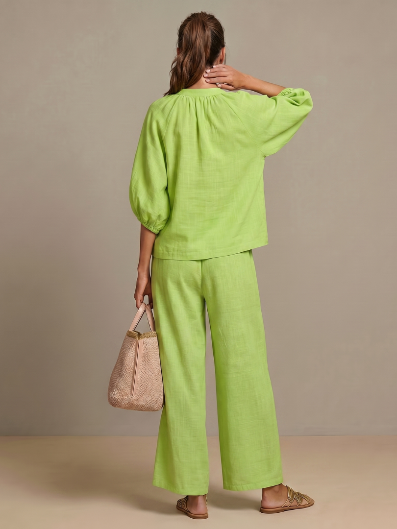 Helena | Zip-Front Blouson Top & Wide-Leg Trousers Two-Piece Set