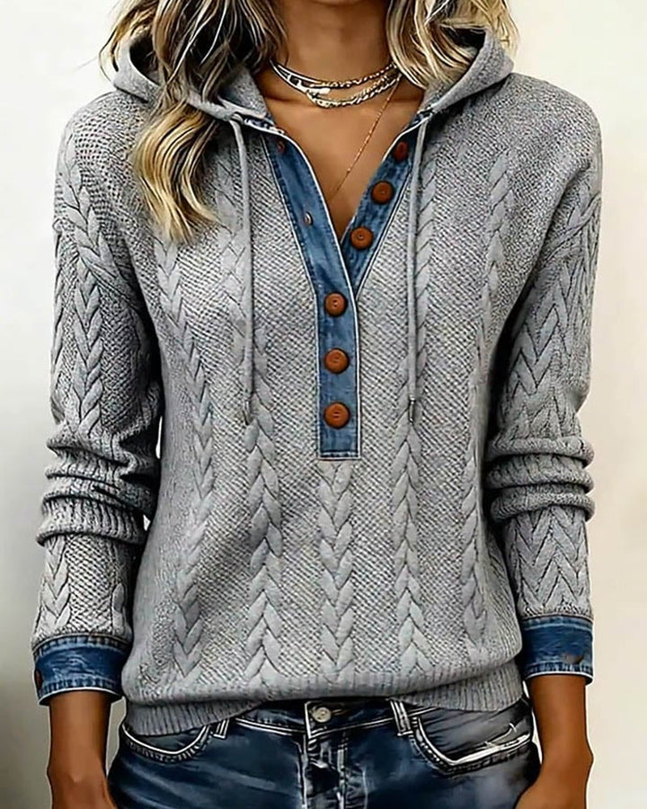 Color Blocked Long Sleeve Hoodie with Buttons