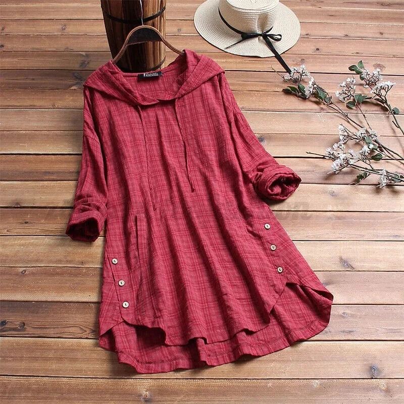 GHISELE – LINEN TUNIC HOODIE WITH BUTTON DETAILS