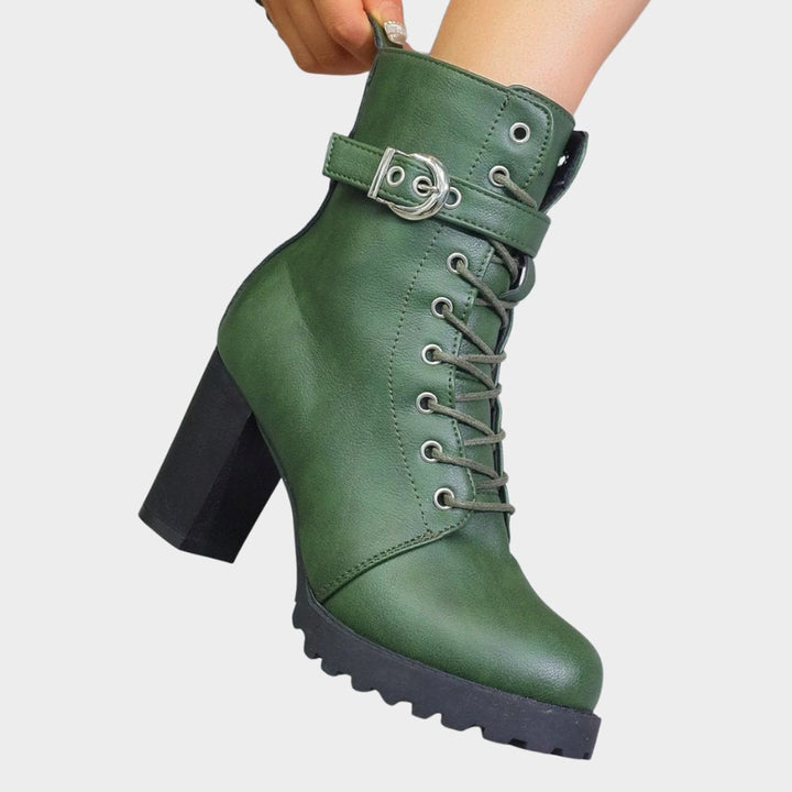 Rowena | Lace-Up Buckle Block Heel Combat Ankle Boots