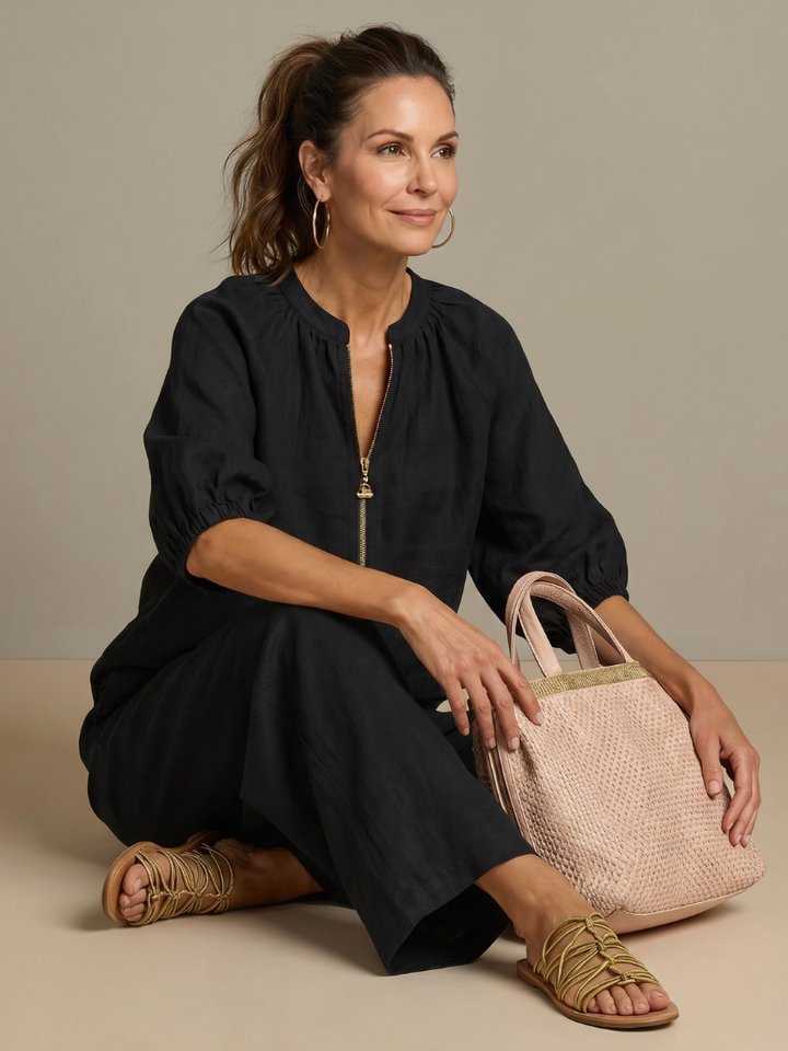 Helena | Zip-Front Blouson Top & Wide-Leg Trousers Two-Piece Set