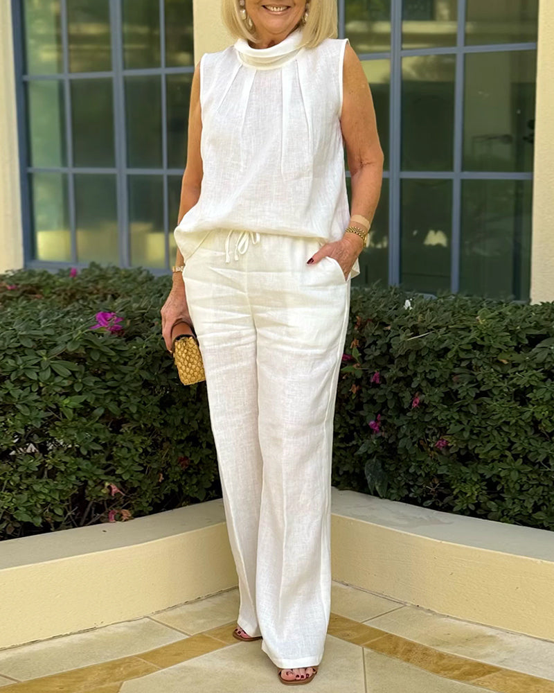 Sleeveless Pleated High-Neck Tank Top