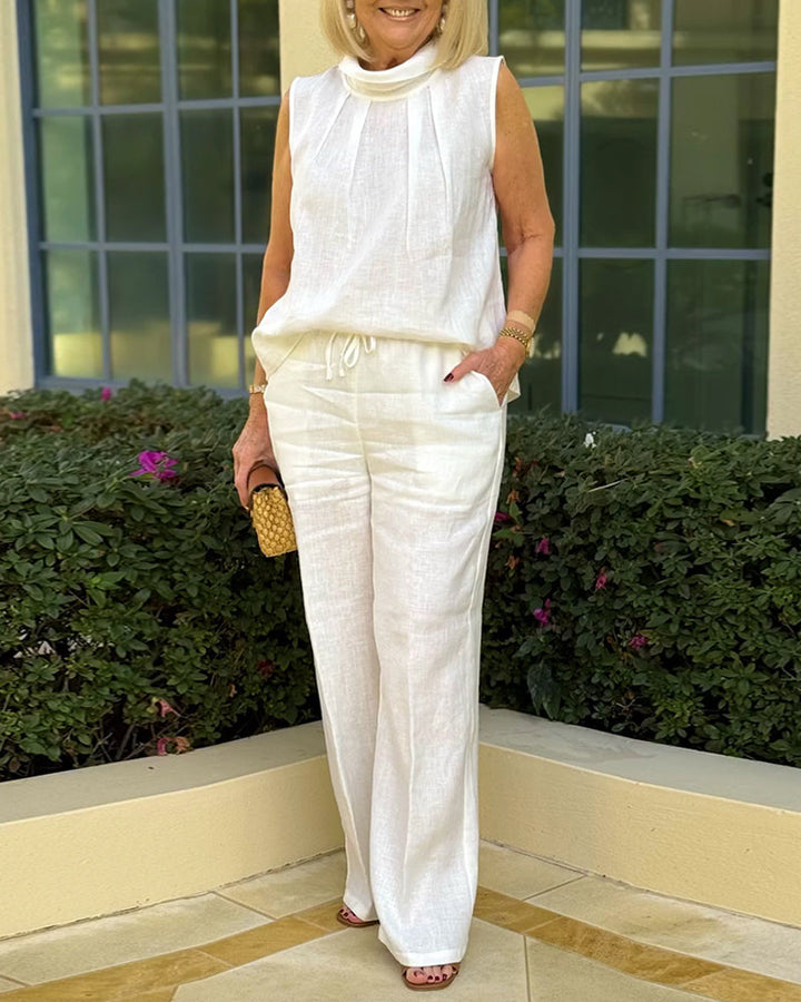 Sleeveless Pleated High-Neck Tank Top