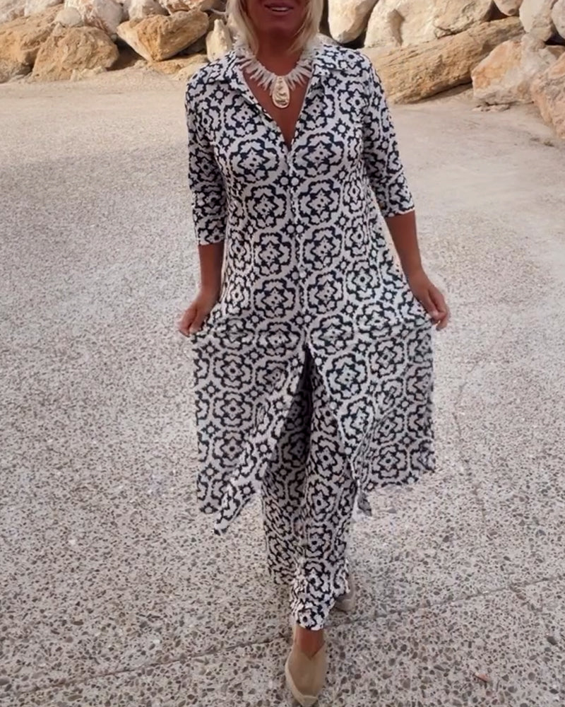 Cassandra | Women's Printed V-Neck Tunic & Wide-Leg Pants Set