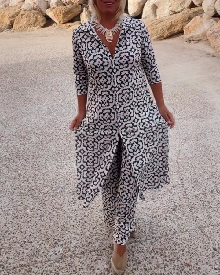 Cassandra | Women's Printed V-Neck Tunic & Wide-Leg Pants Set