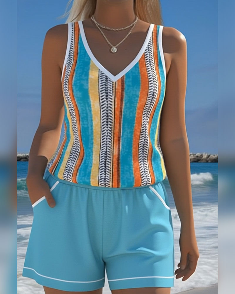 Printed V-Neck Tankini Swimsuit