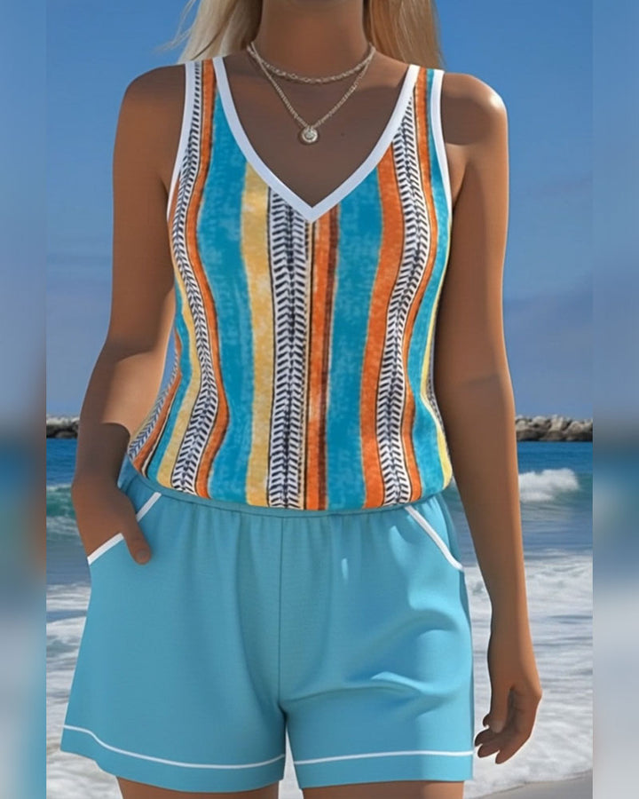 Printed V-Neck Tankini Swimsuit