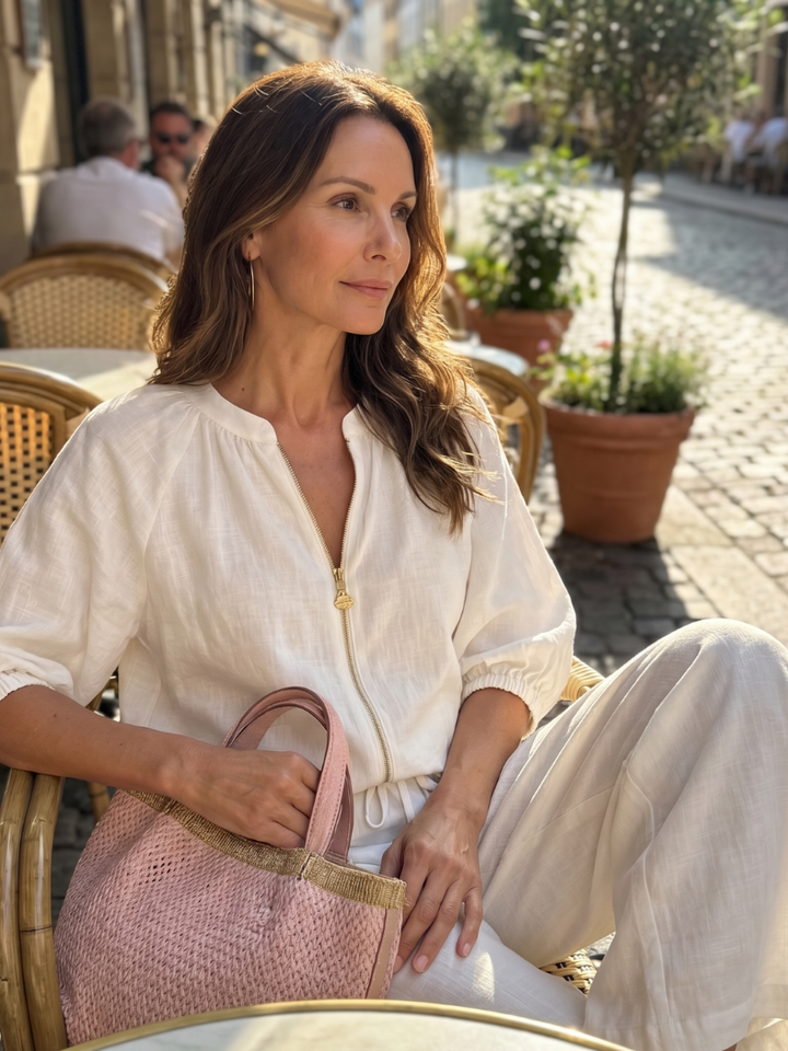 Helena | Zip-Front Blouson Top & Wide-Leg Trousers Two-Piece Set